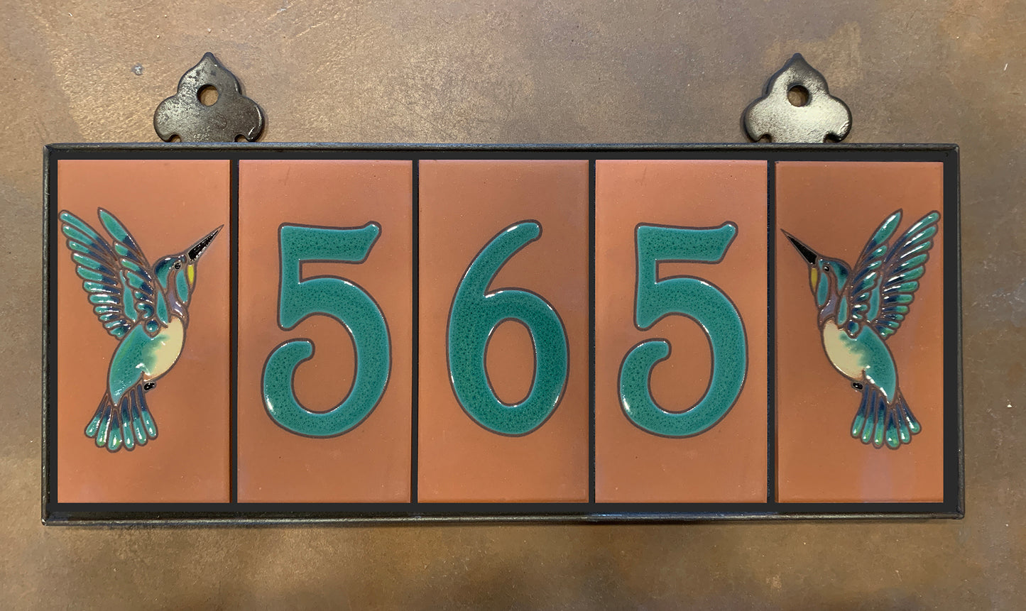 Custom Tile House Numbers with Hummingbird End Caps, Terra Cotta Background, and Jade Numbers