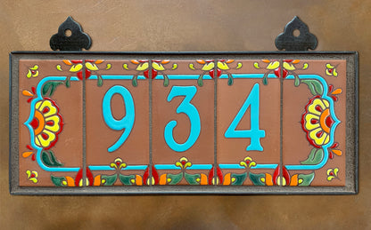 Custom Tile House Numbers with Talavera End Caps, Terra Cotta Background, and Turquoise Numbers