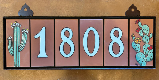 Custom Tile House Numbers with Cactus End Caps, Terra Cotta Background, and White Numbers