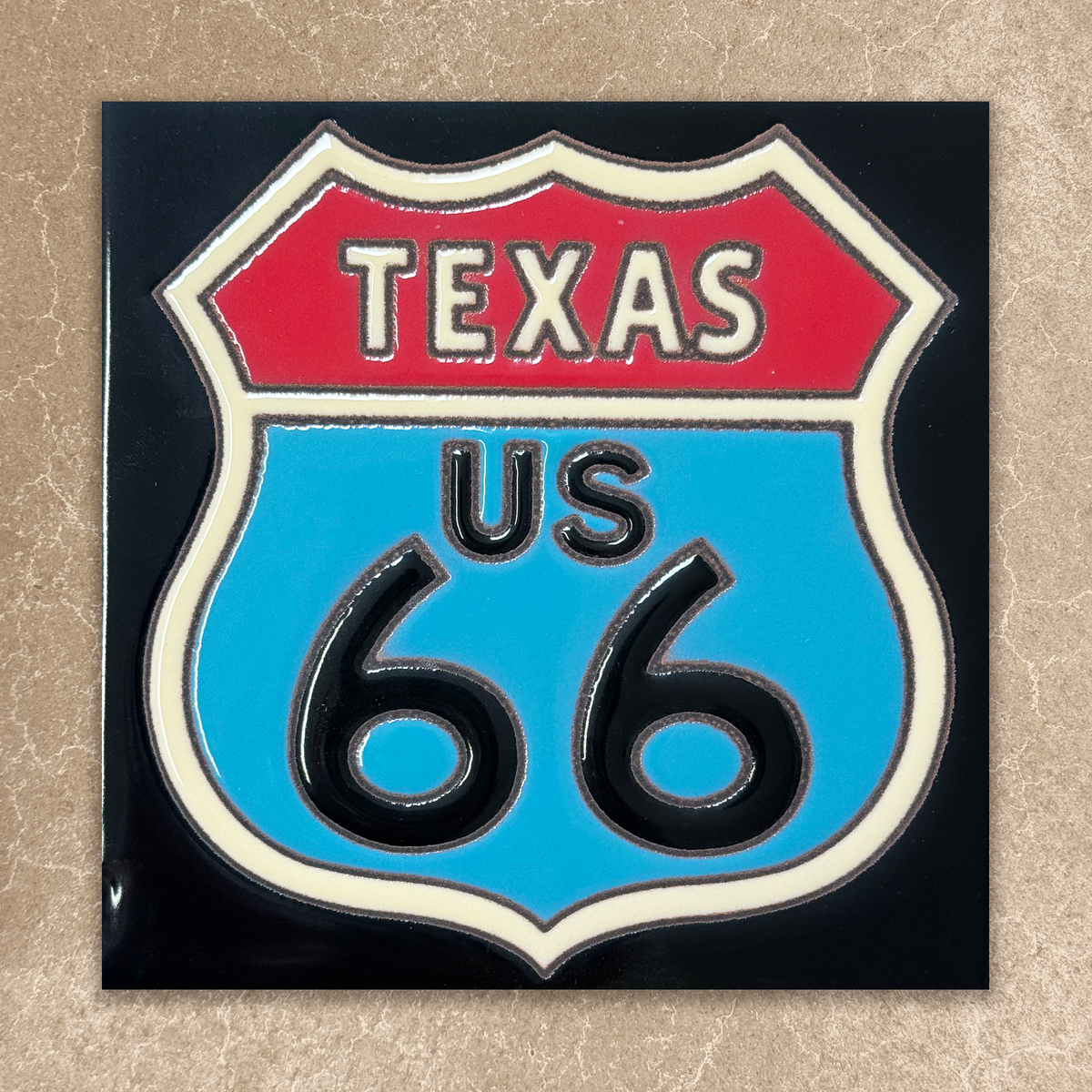 Texas Route 66 sign on a beige background