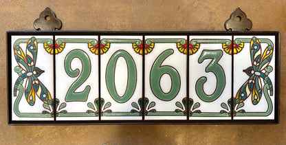 Custom Tile House Numbers with Dragonfly End Caps, White Background, and Tidal Pool Green Numbers