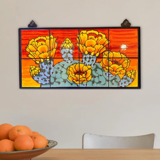 Prickly Pear with Sunset Background 24x12 southwest desert wall decor orange yellow framed