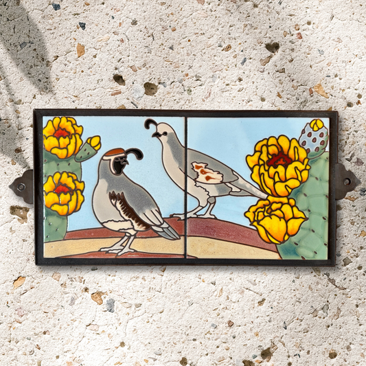Framed Desert Wall Art with Gambel’s Quail and Prickly Pear Cactus | Hand Glazed Ceramic Tile | 8"x16" Southwest Wall Decor | Made in Tucson