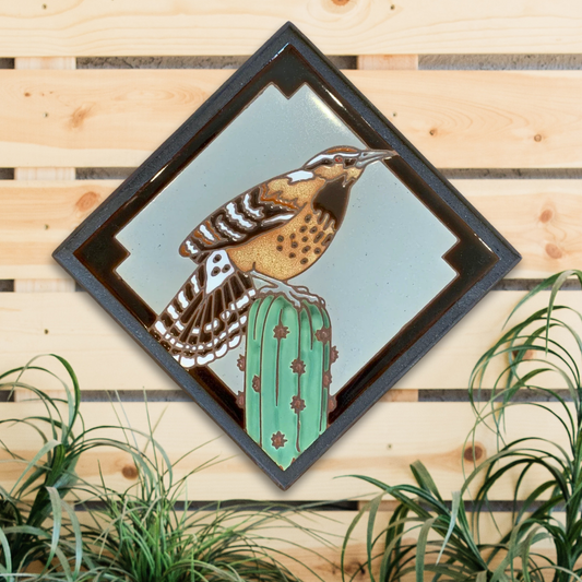 Cactus Wren Wall Art | 8"x8" Framed Ceramic Tile | Diamond-Shaped Southwest Bird Decor | Indoor Outdoor Tile Art | Made in Tucson