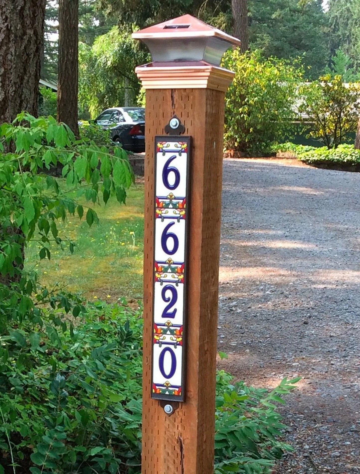 Vertical Framed House Number Set: Talavera with White Ceramic Background and Royal Blue Numbers