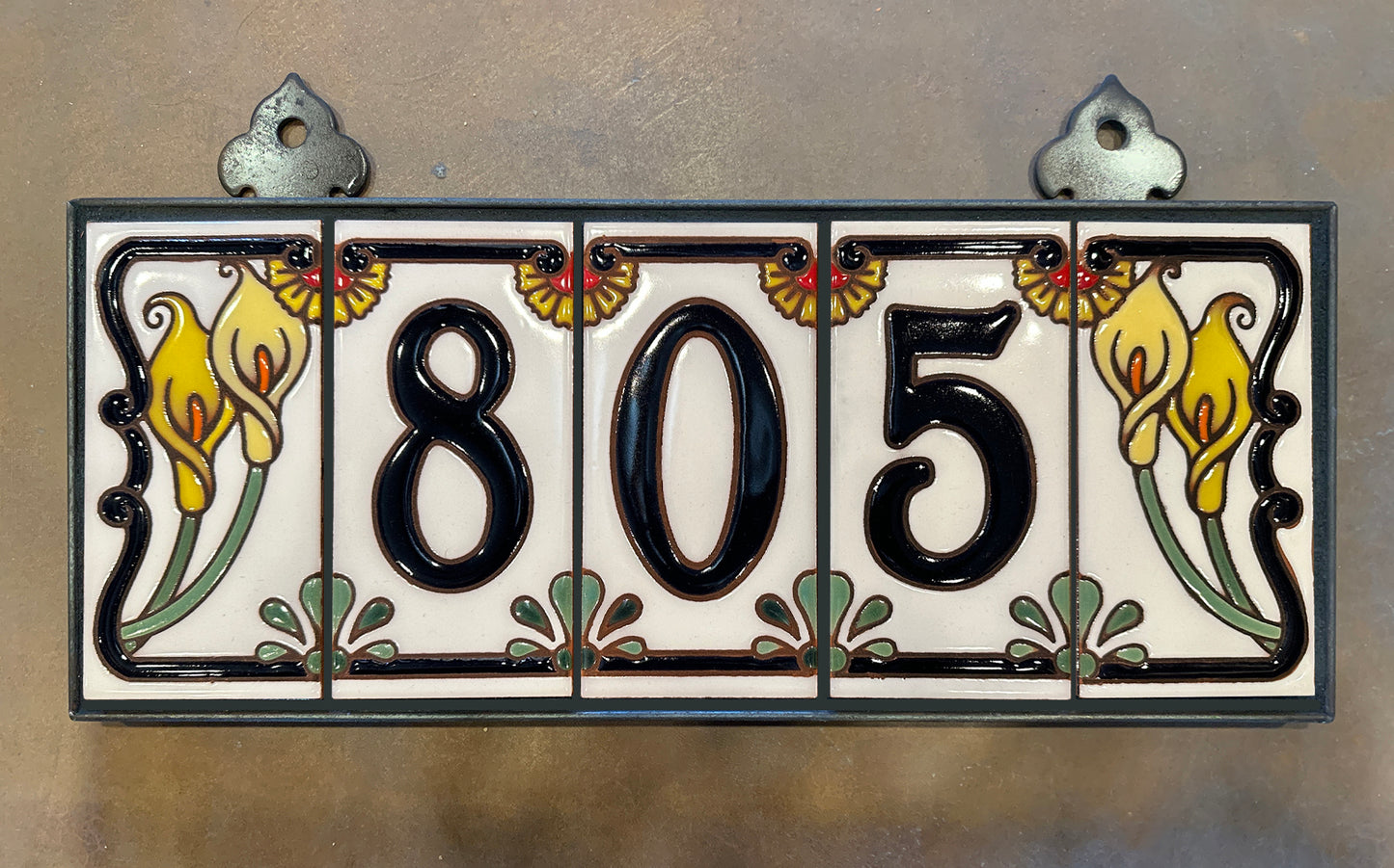 Custom Tile House Numbers with Calla Lily End Caps, White Ceramic Background, and Royal Blue Numbers