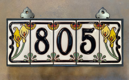 Custom Tile House Numbers with Calla Lily End Caps, White Ceramic Background, and Royal Blue Numbers