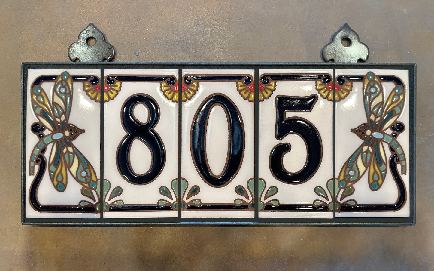 Custom Tile House Numbers with Dragonfly End Caps, White Ceramic Background, and Royal Blue Numbers