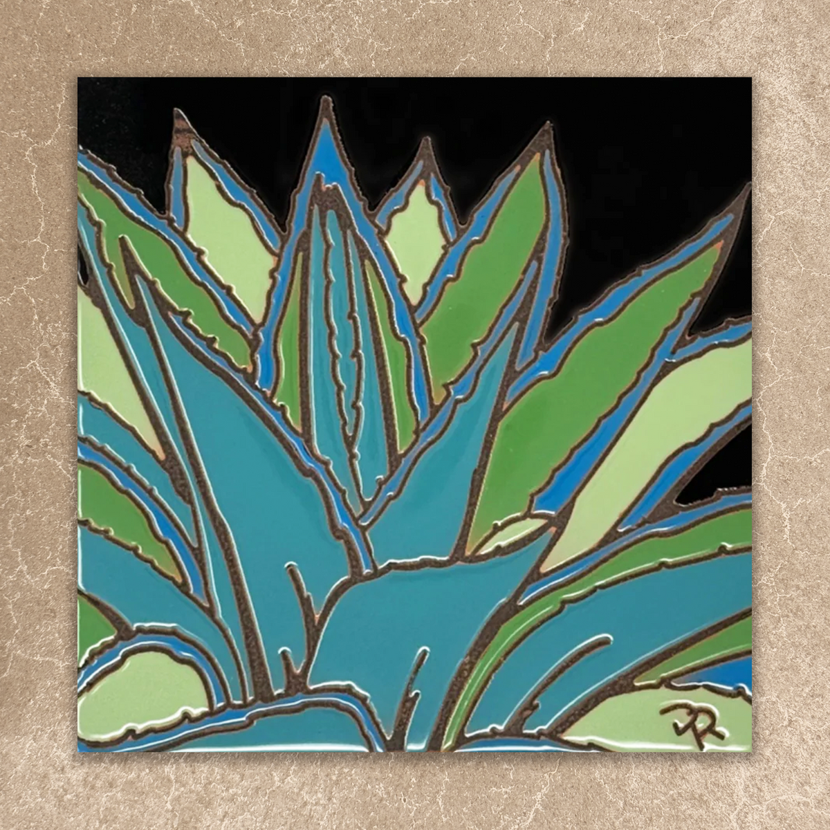Decorative tile with a stylized plant design on a beige background