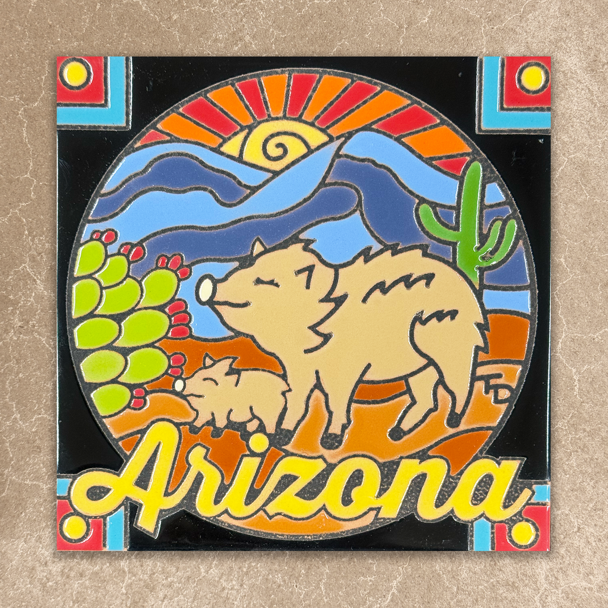 javelina ceramic tile with yellow arizona text and cactus
