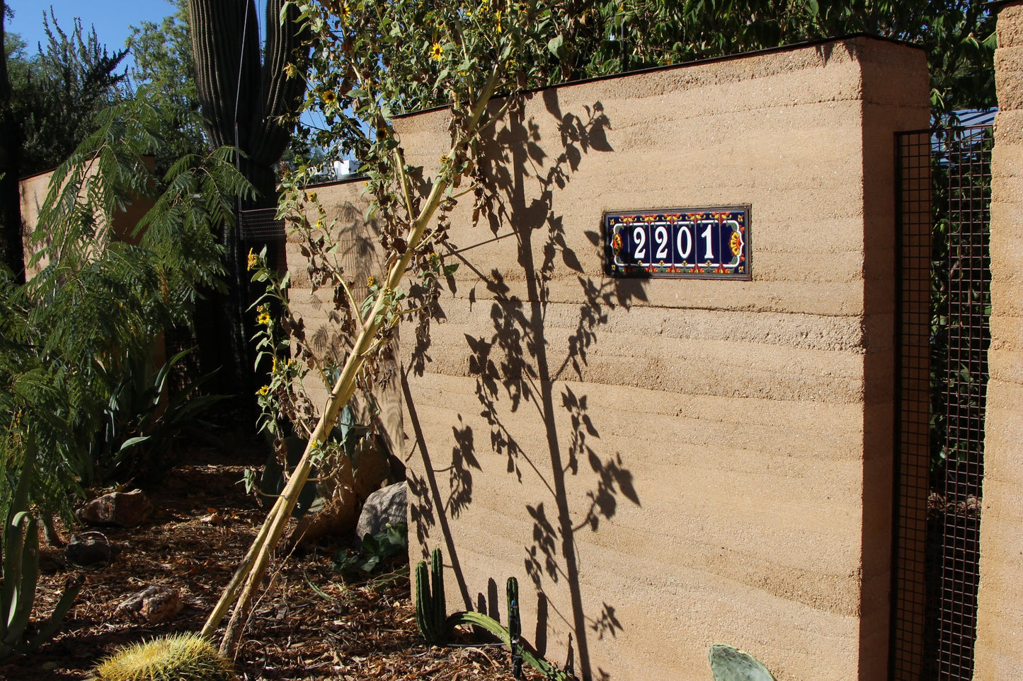 Custom Tile House Numbers with Talavera End Caps, Dark Blue Background, and White Numbers