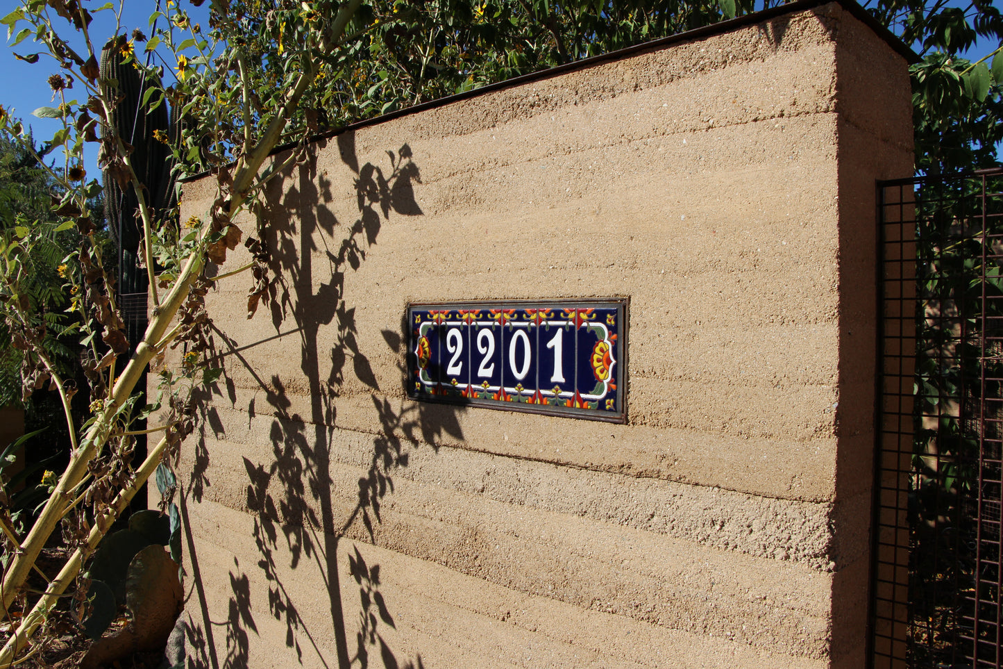 Custom Tile House Numbers with Talavera End Caps, Dark Blue Background, and White Numbers