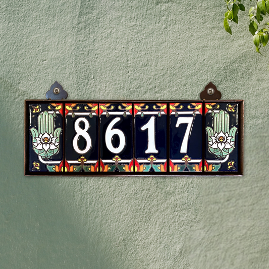 Custom White on Blue Ceramic Tile House Numbers | Hamsa Hand End Caps | Custom Address Sign | Talavera Tile | Made by Arizona Artist