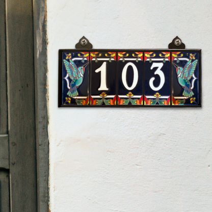 Hand Glazed Tile House Numbers & Custom Address Sign with Hummingbird Endcaps, Blue and White
