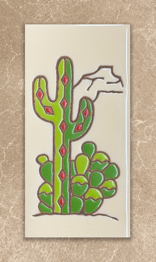Decorative card with a stylized cactus design on a textured beige background