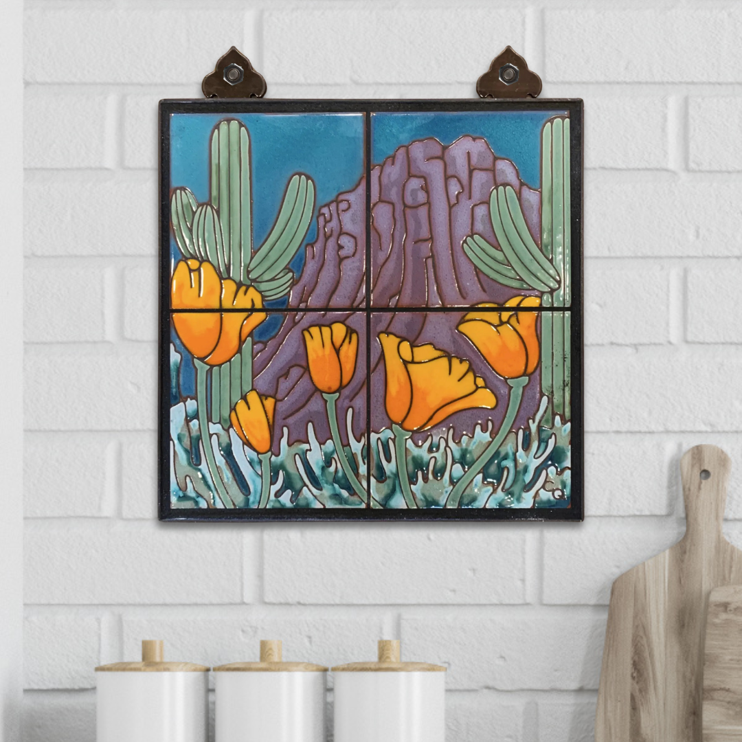 Southwest wall decor Tucson Mountains Poppies Tile Mural art