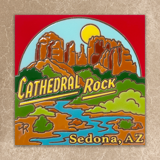ceramic tile with illustration of Cathedral Rock in Sedona, AZ on a red border.