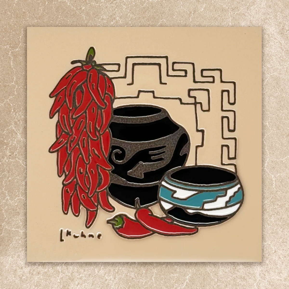 Illustration of red chilies and black pots on a beige background