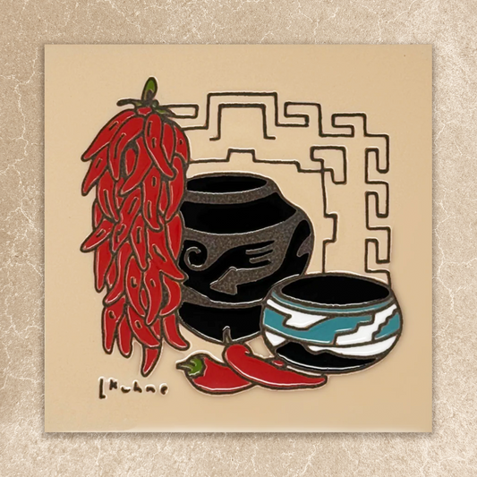 Illustration of red chilies and black pots on a beige background