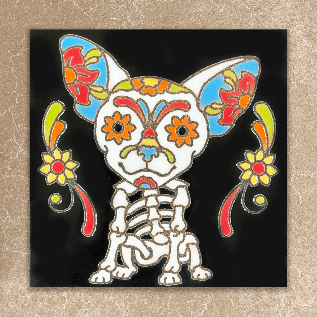 day of the dead sugar skull chihuahua tile on black background