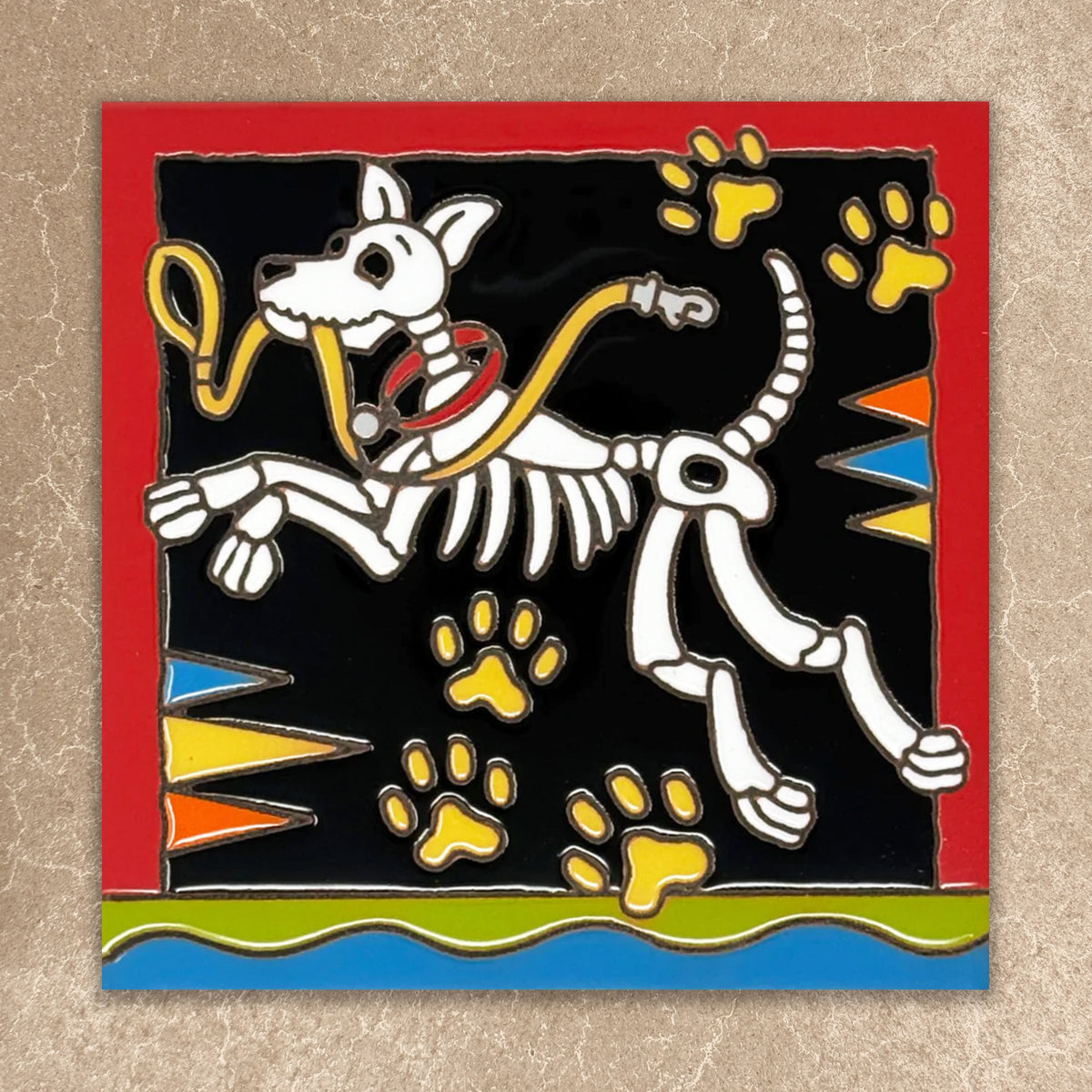 day of the dead dog with leash tile
