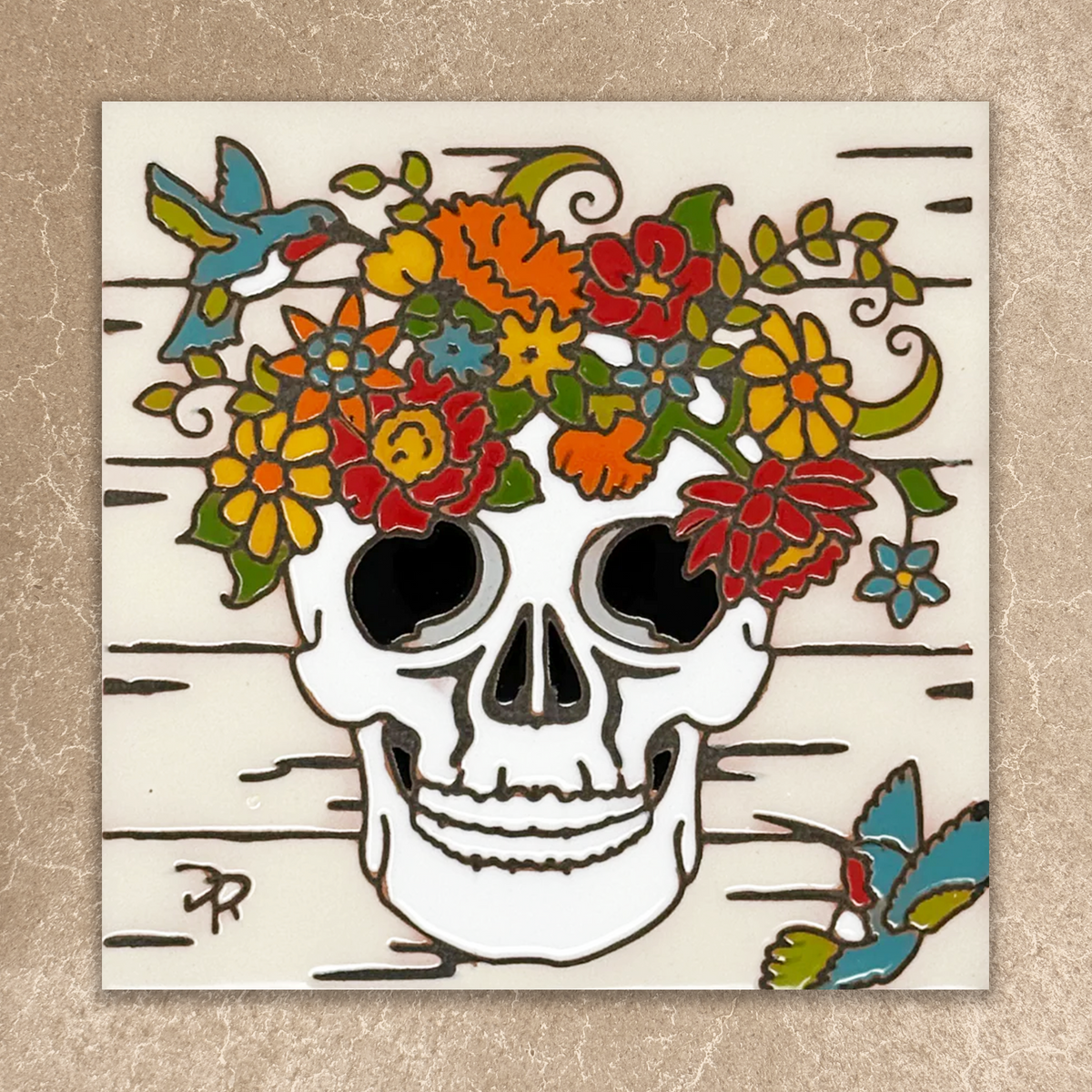 Skull with colorful flowers and birds on a textured beige background
