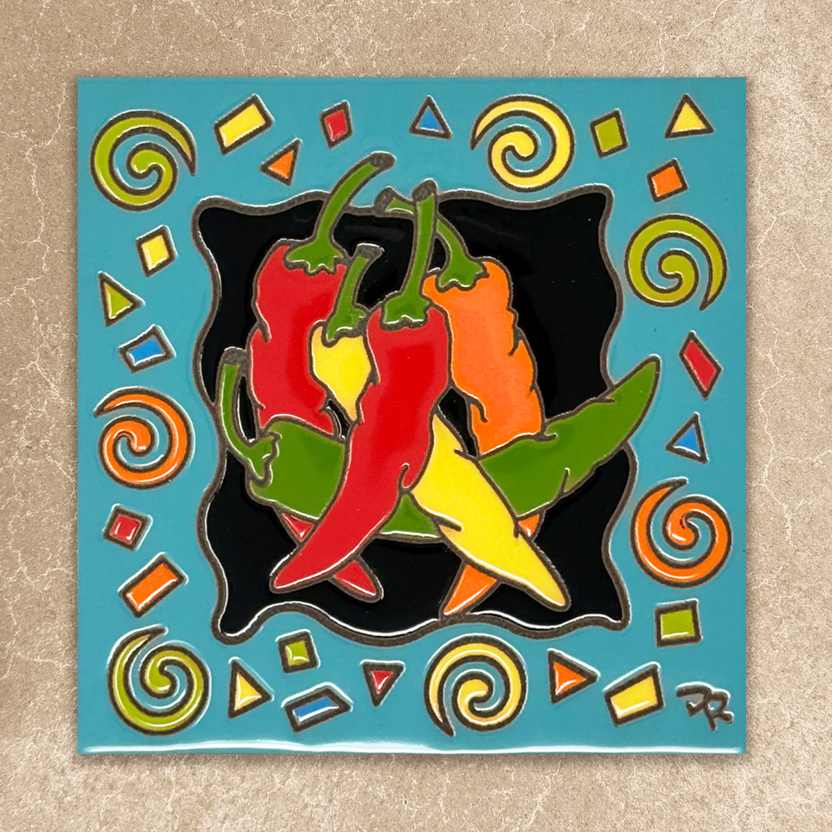 Colorful illustration of peppers on a blue background with geometric shapes