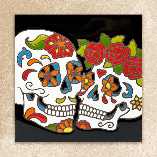 day of the dead happy couple with floral head ceramic tile