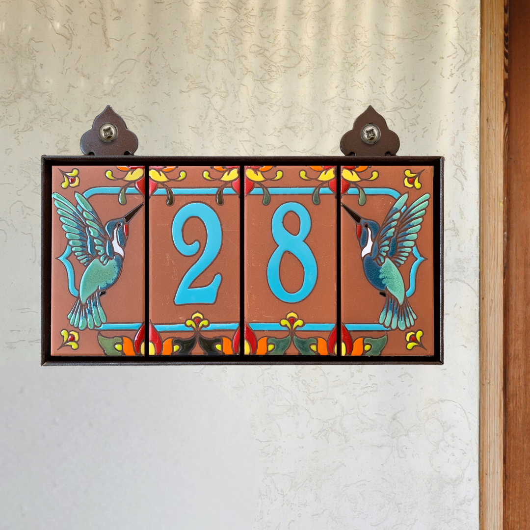 Turquoise on Terra Cotta Ceramic Tile House Numbers | Custom Address Sign with Hummingbird End Caps | Hand Glazed Tile