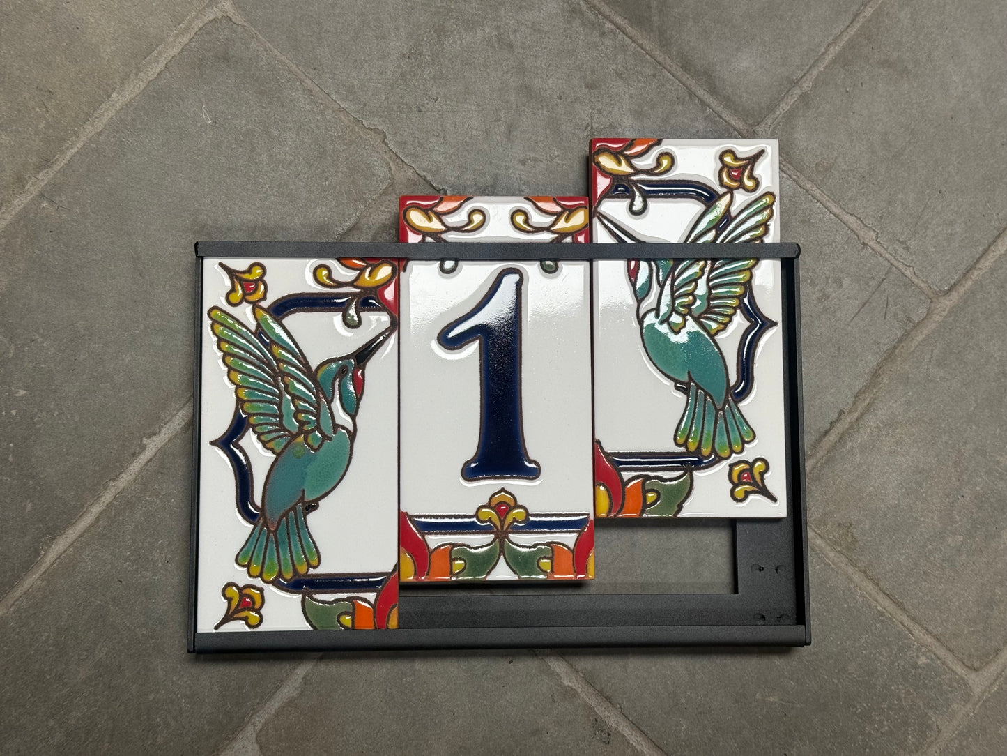 Custom Talavera Tile House Numbers with Hummingbird End Caps, White Background and Blue Numbers