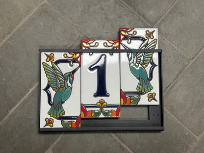 Custom Talavera Tile House Numbers with Hummingbird End Caps, White Background and Blue Numbers