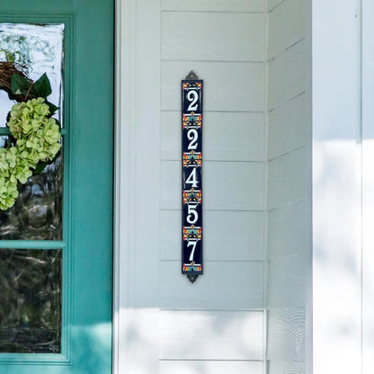 Vertical Framed House Number Set: Talavera with White Ceramic Background and Royal Blue Numbers