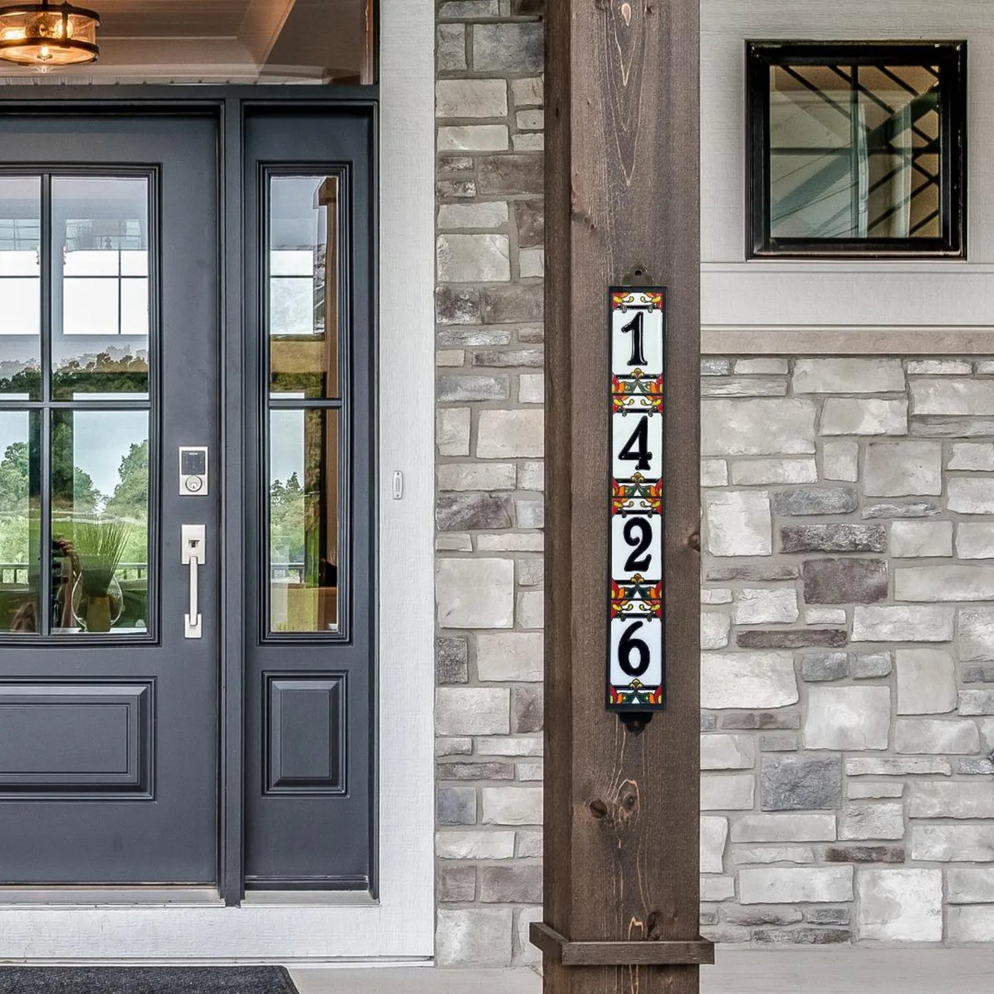 Vertical Framed House Number Set: Talavera with White Ceramic Background and Royal Blue Numbers