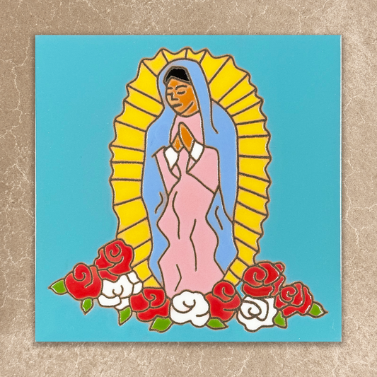 Illustration of a religious figure with flowers on a blue background
