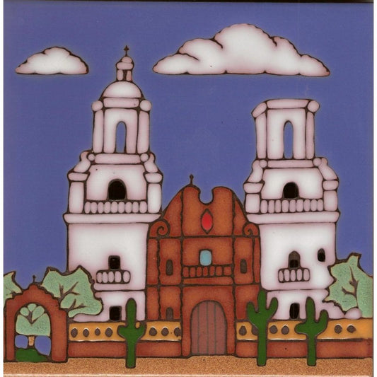 A colorful folk-art style illustration of a historic church and cathedral complex with two towers, cacti, trees, clouds, and a blue sky background.