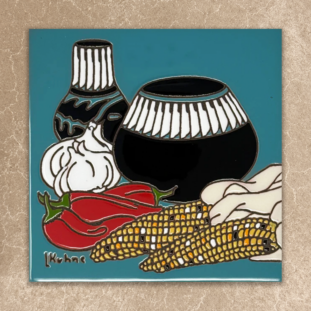 Illustration of a bowl, corn, chili pepper, garlic, and bottle on a blue background ceramic tile