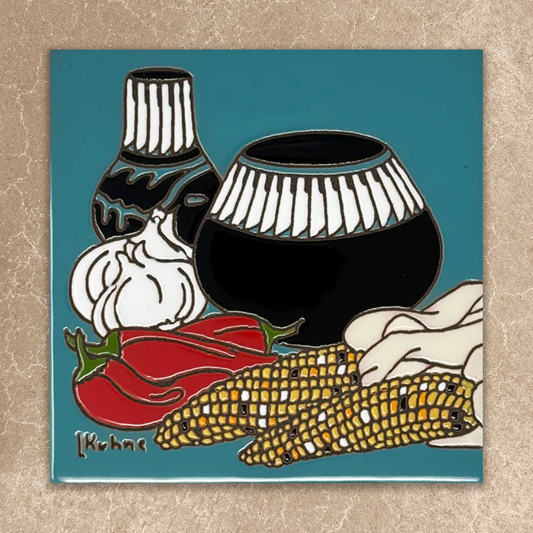 Illustration of a bowl, corn, chili pepper, garlic, and bottle on a blue background ceramic tile