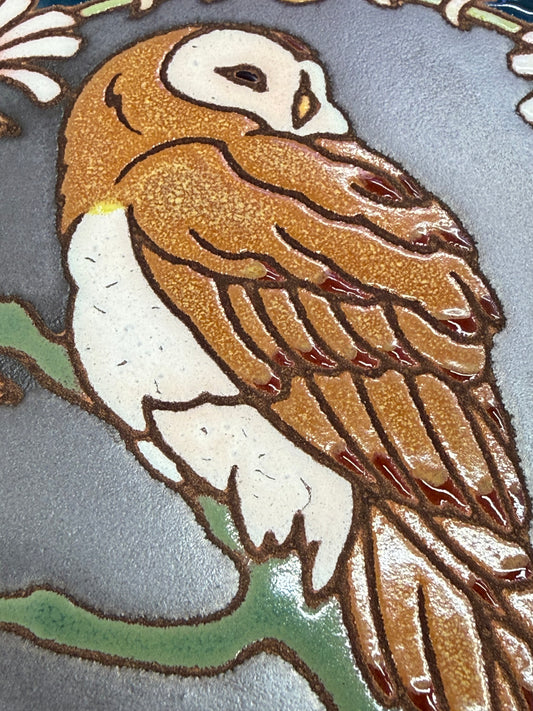 close up of barn owl ceramic tile