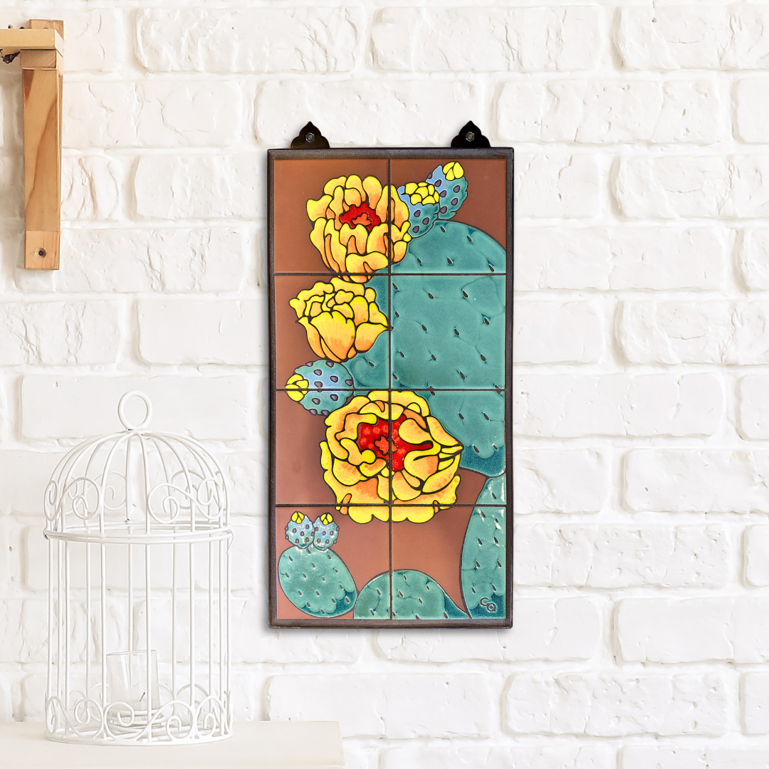 southwest desert framed wall art Prickly Pear on Terra Cotta, Emerald or Dark Blue, 12x24 Tile Mural