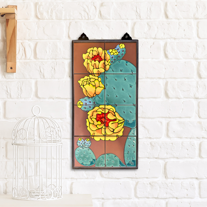 southwest desert framed wall art Prickly Pear on Terra Cotta, Emerald or Dark Blue, 12x24 Tile Mural