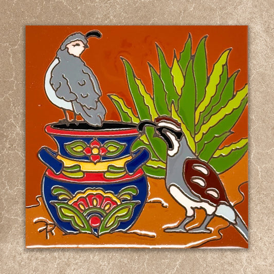Quail with Talavera Pot Tile (8871), Earthtones Heritage Collection