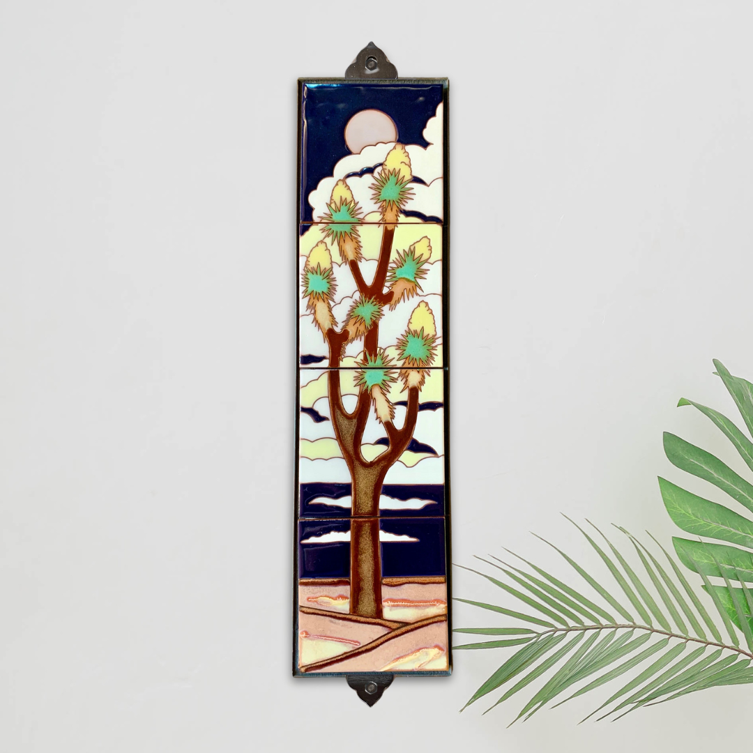 Framed Desert Art - 6"x24" Retro Joshua Tree at Night Tile Mural - Framed