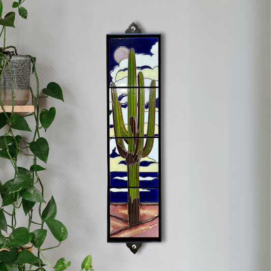 Framed Desert Wall Art -6"x24" Retro Saguaro at Night Tile Mural - Framed