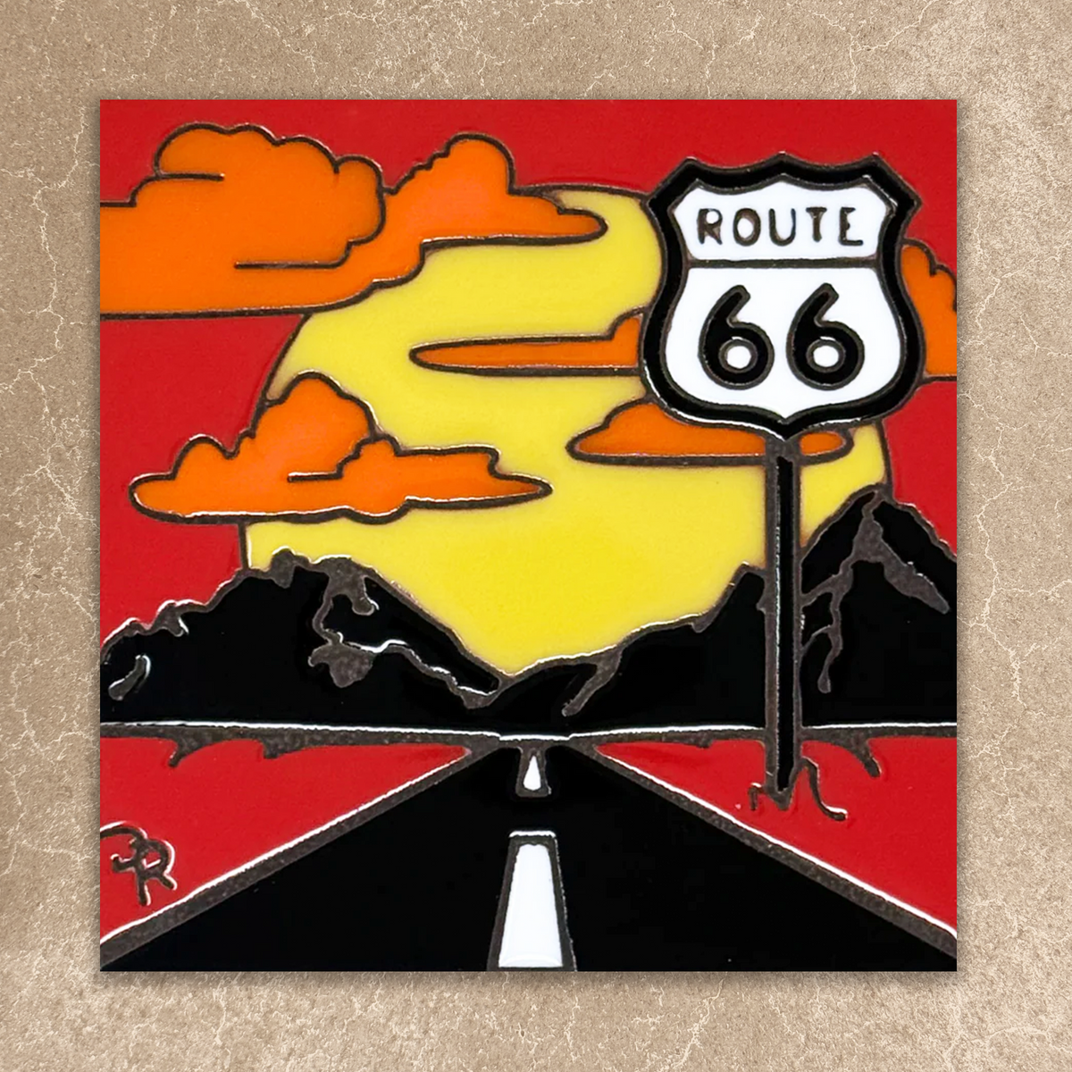 ceramic tile with route 66 sign and sunset on red background
