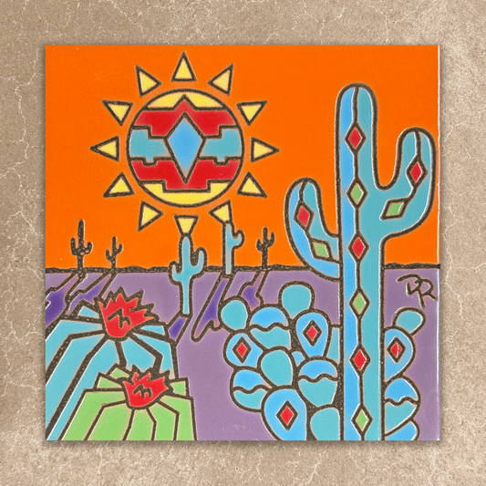 Colorful desert scene with cacti and a sun on an orange background