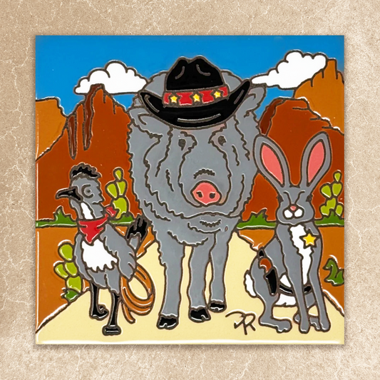 Illustration of a pig in a cowboy hat with a rabbit and another character in a desert setting.
