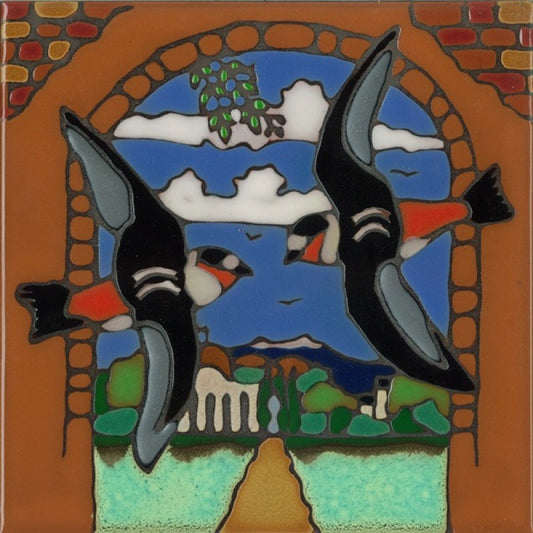 A square decorative tile or art piece featuring two flying swallow birds with red and white markings against a blue sky with white clouds, framed by an orange-brown brick arch and multicolored landscape details at the bottom.