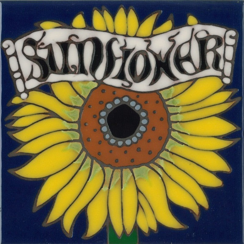 A square graphic print featuring a large yellow sunflower with a brown center on a dark blue background, with a white banner across the top reading 'Sunflower' in stylized black lettering.