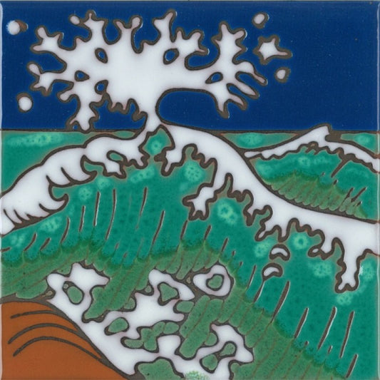 A square ceramic tile featuring a stylized wave and tree design in green, white, and blue with brown outlines, resembling a Japanese-style print.