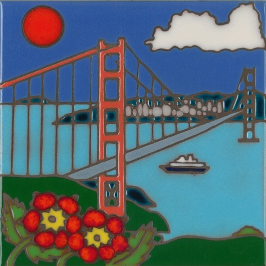 A square ceramic tile featuring a stylized illustration of the Golden Gate Bridge in San Francisco, with a red sun, blue sky, white cloud, green foreground, red flowers, and a small boat.